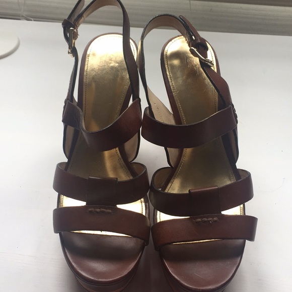COACH Brown Leather Wood Wedges - Picture 3 of 7